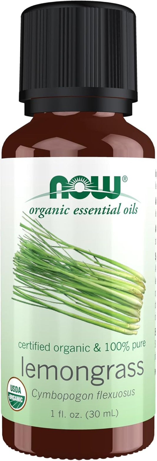 NOW Essential Oils Organic Lemongrass Oil - 100% Pure, Steam Distilled, Uplifting Aromatherapy Scent, Vegan, 1-Ounce with Child Resistant Cap